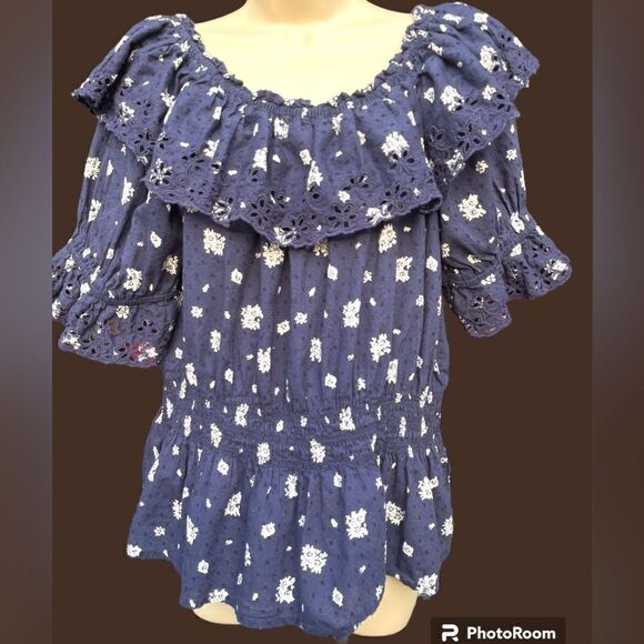 Universal Thread Peplum Blouse Womens Blue White Floral Short Sleeve Top - Picture 2 of 5